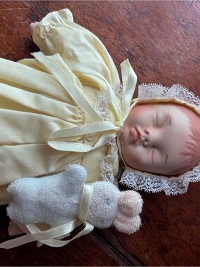 Ashton Drake Sleeping Baby Doll in Soft Yellow Dress with Lace Bonnet and Bunny